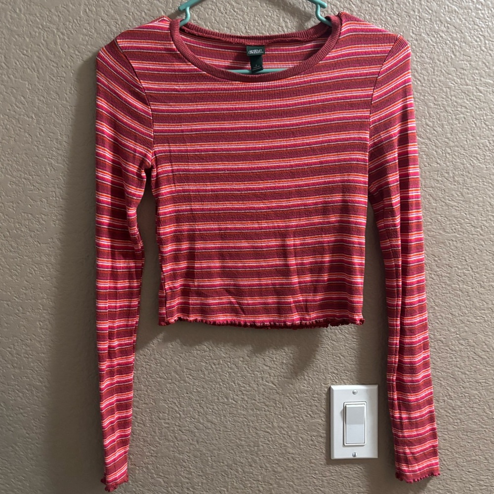Wild Fable Red and Pink Striped Long Sleeve Crop Top